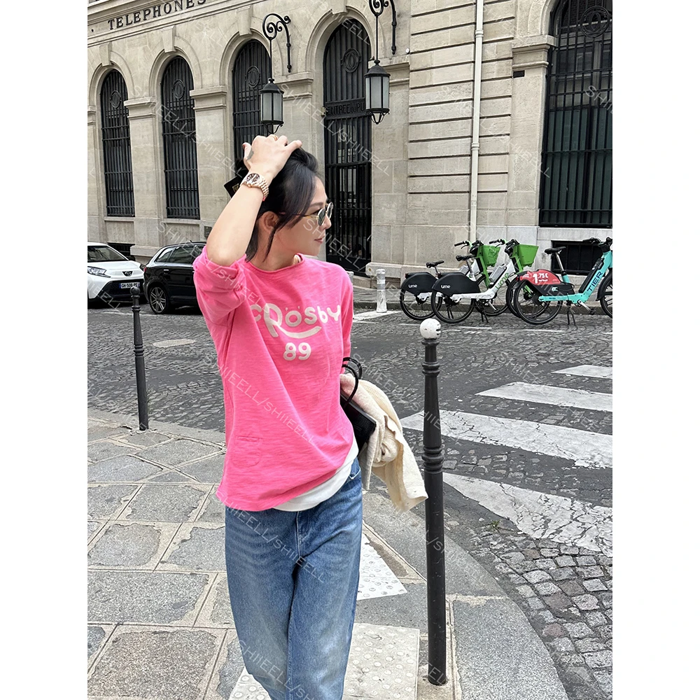 SHIIEELL纯棉小众气质时尚女士百搭圆领印花设计感长袖T恤Z8119