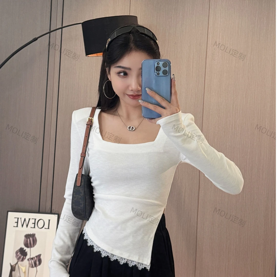 Moli定制【心动前奏】性感方领上衣收腰纯色长袖紧身辣妹蕾丝25258