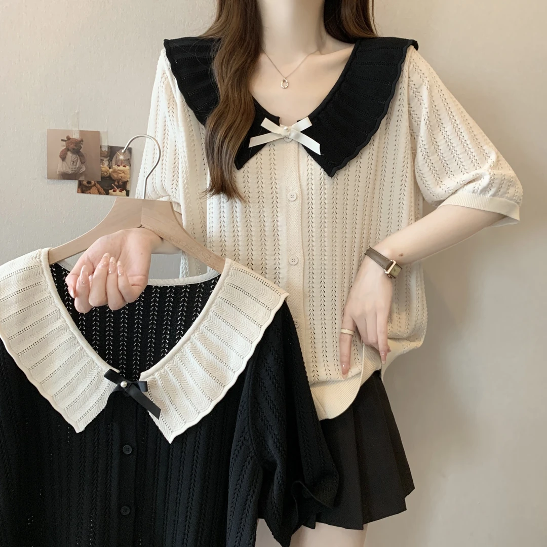 胖MM大码娃娃领蝴蝶结设计感清凉短袖针织衫显瘦T恤上衣-ZMDM3319