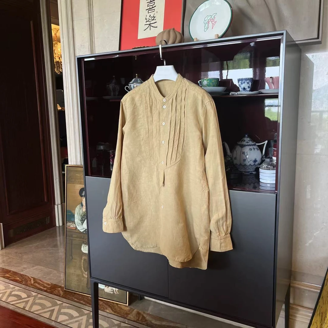 漫颜刘2024春夏新品亚麻混纺黄色衬衫立领长袖休闲纯色宽松上衣