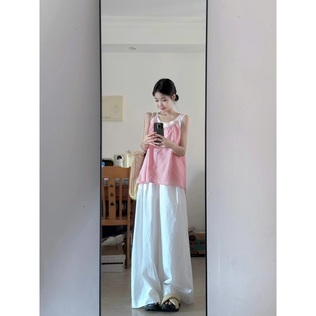 韩系甜美蕾丝花边吊带背心女夏季新款高腰白色阔腿裤娃娃衫两件套