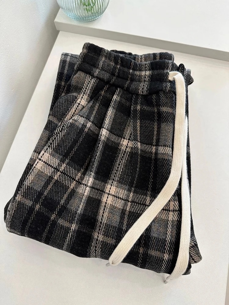 毛呢格子裤女秋冬季2024新款高腰垂感复古加厚棉裤直筒休闲阔腿裤