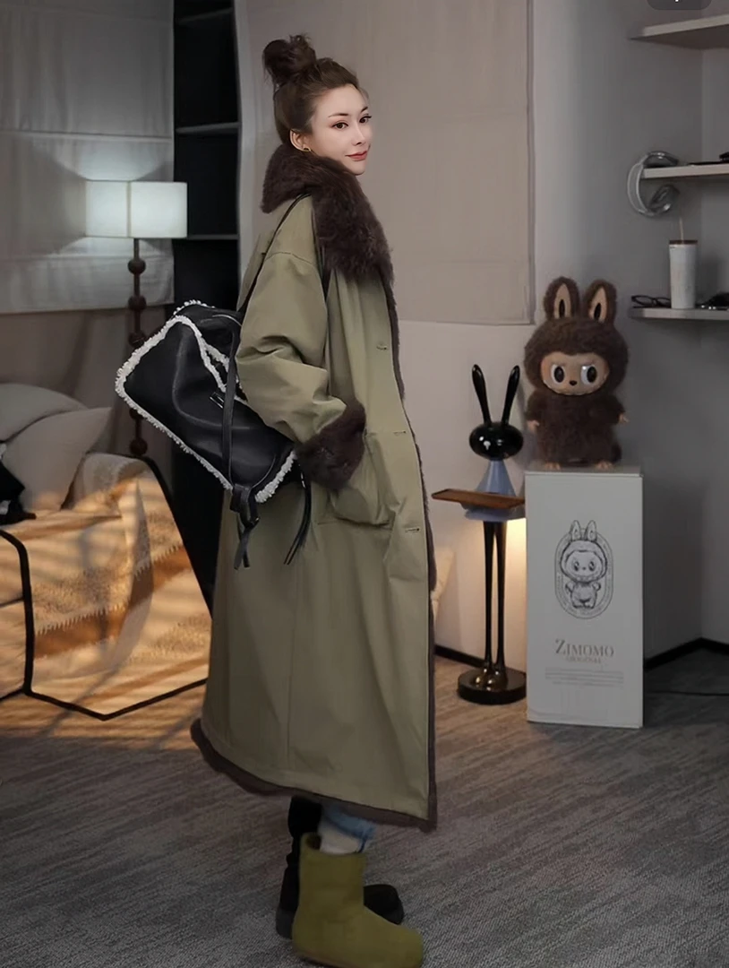 Y103区25260军绿色长款女极简风翻领双面穿