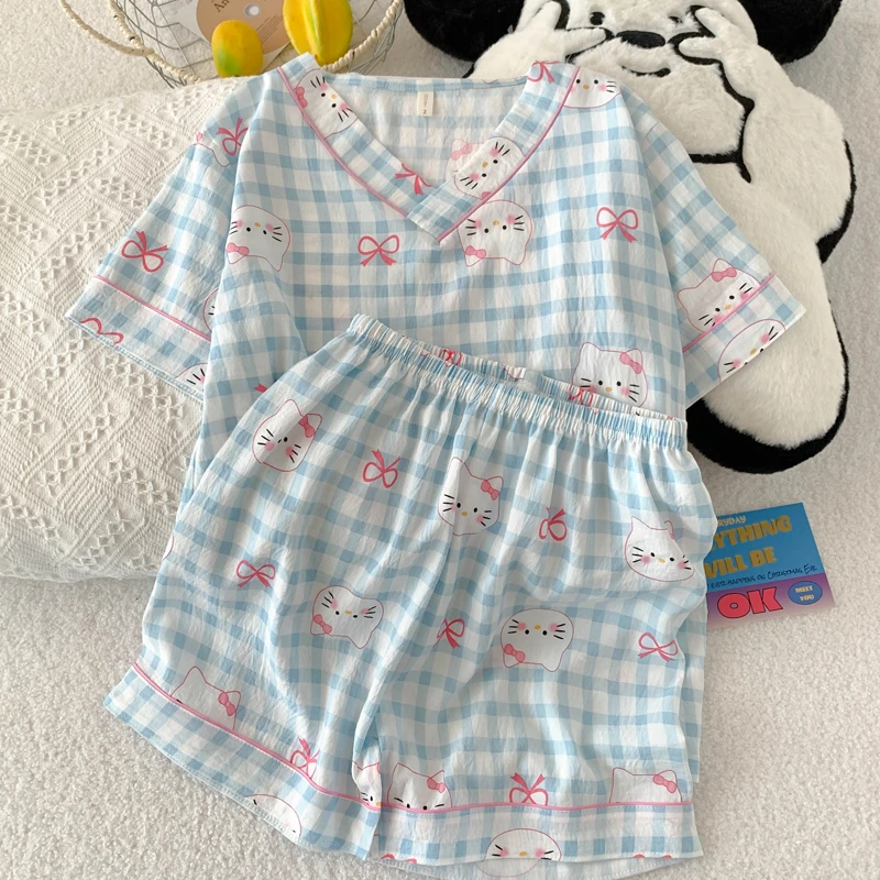 蓝格小猫云朵棉睡衣春夏秋季女爆款2025新款家居服套装V领短袖裤