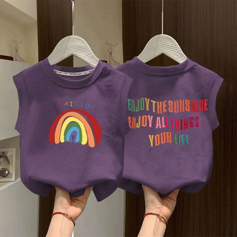男童女童夏季无袖T恤纯棉彩虹印花背心新款宝宝外穿洋气百搭上衣t