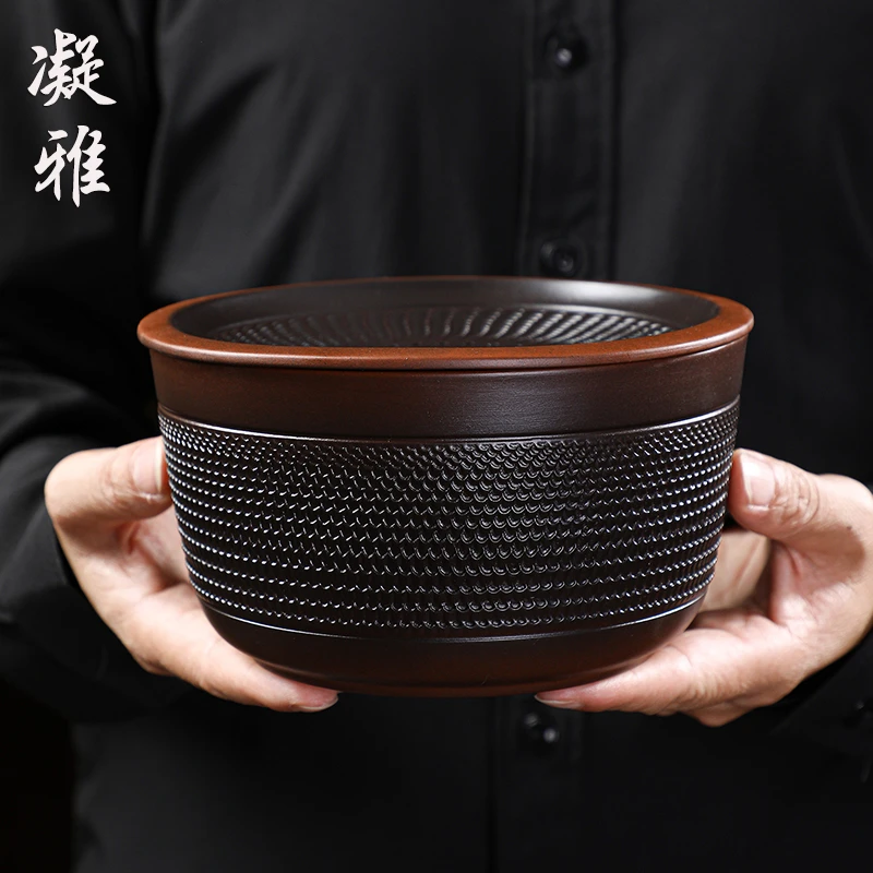 紫陶复古水盂茶洗建水茶渣分离废水缸家用过滤跳刀茶渣缸茶道零配
