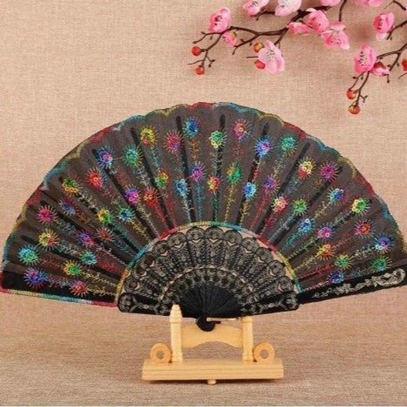 新款扇彩杆黑杆亮片折扇中国风跳舞汉服学生扇刺绣扇彩妆扇塑料