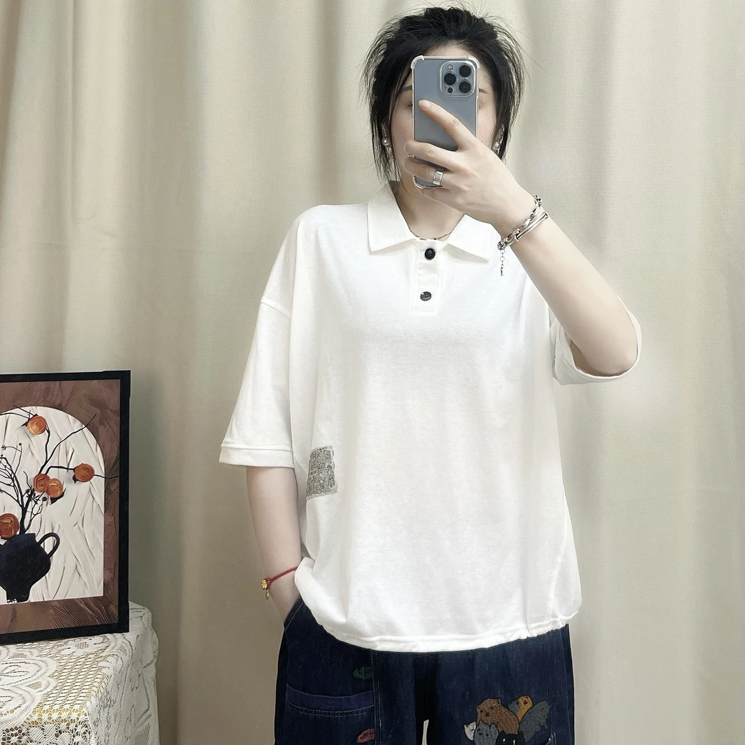 夏季纯色百搭T恤女款翻领宽松短袖休闲慵懒风透气百搭T