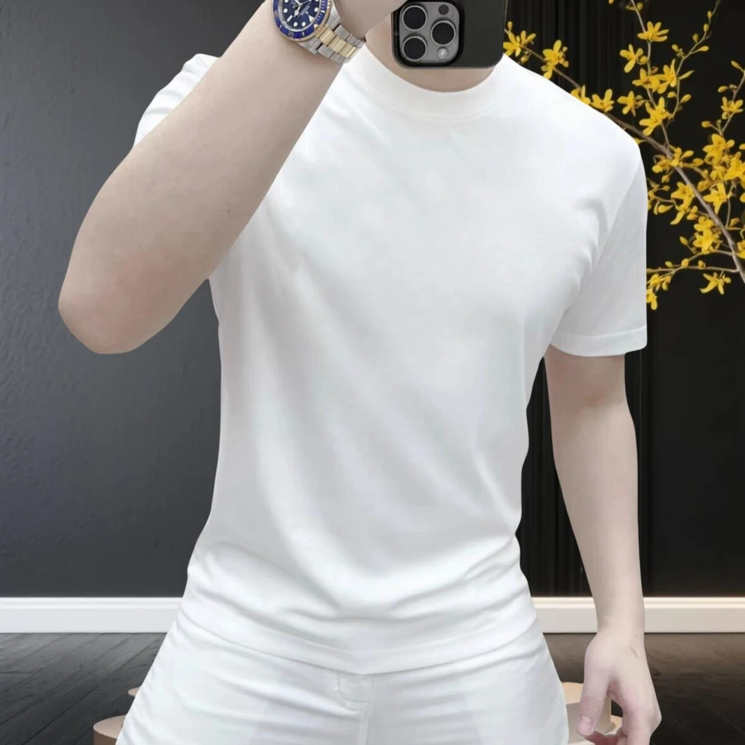 夏季新款潮牌时尚圆领冰丝光棉短袖t恤男士韩版潮流休闲男装上衣