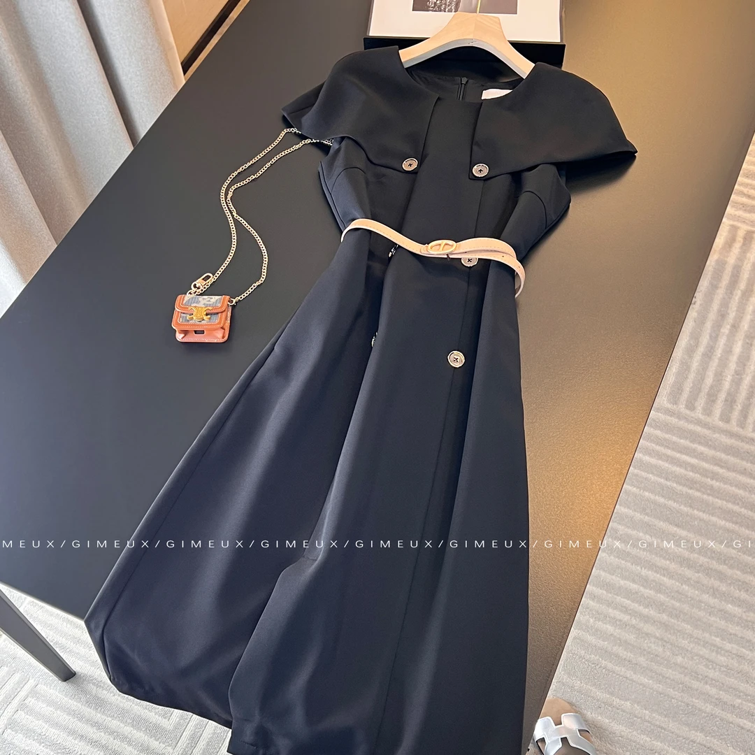2025夏季新款法式气质职场斗篷短袖收腰修身轻奢女神范连衣裙女