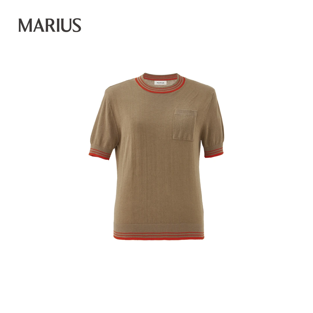 MARIUS"奶咖衫"夏季圆领提花日常休闲时尚撞色短袖针织衫