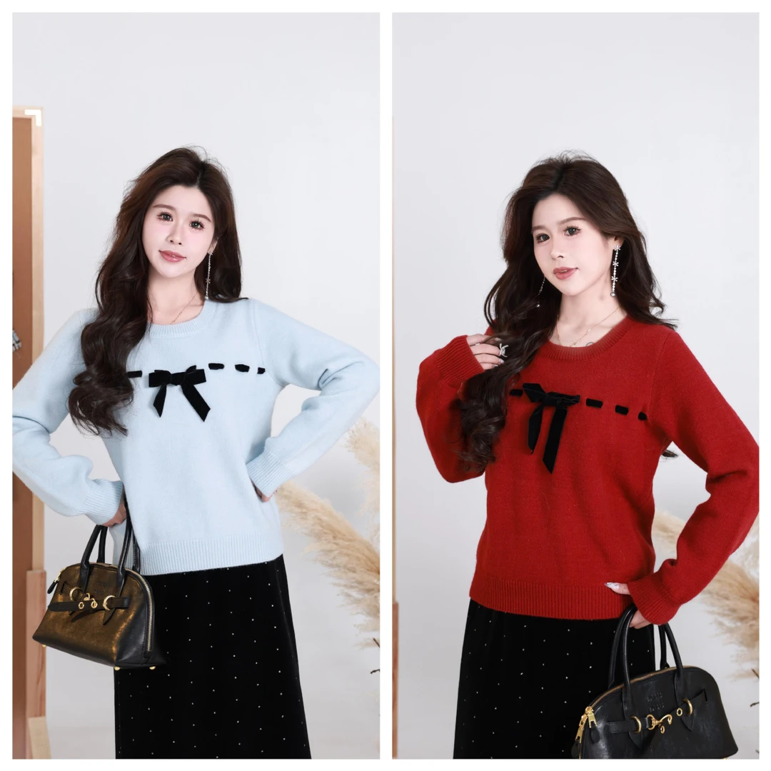 QC 微胖大码秋冬u风蝴蝶结绑带圆领毛衣显瘦减龄上衣411Z87