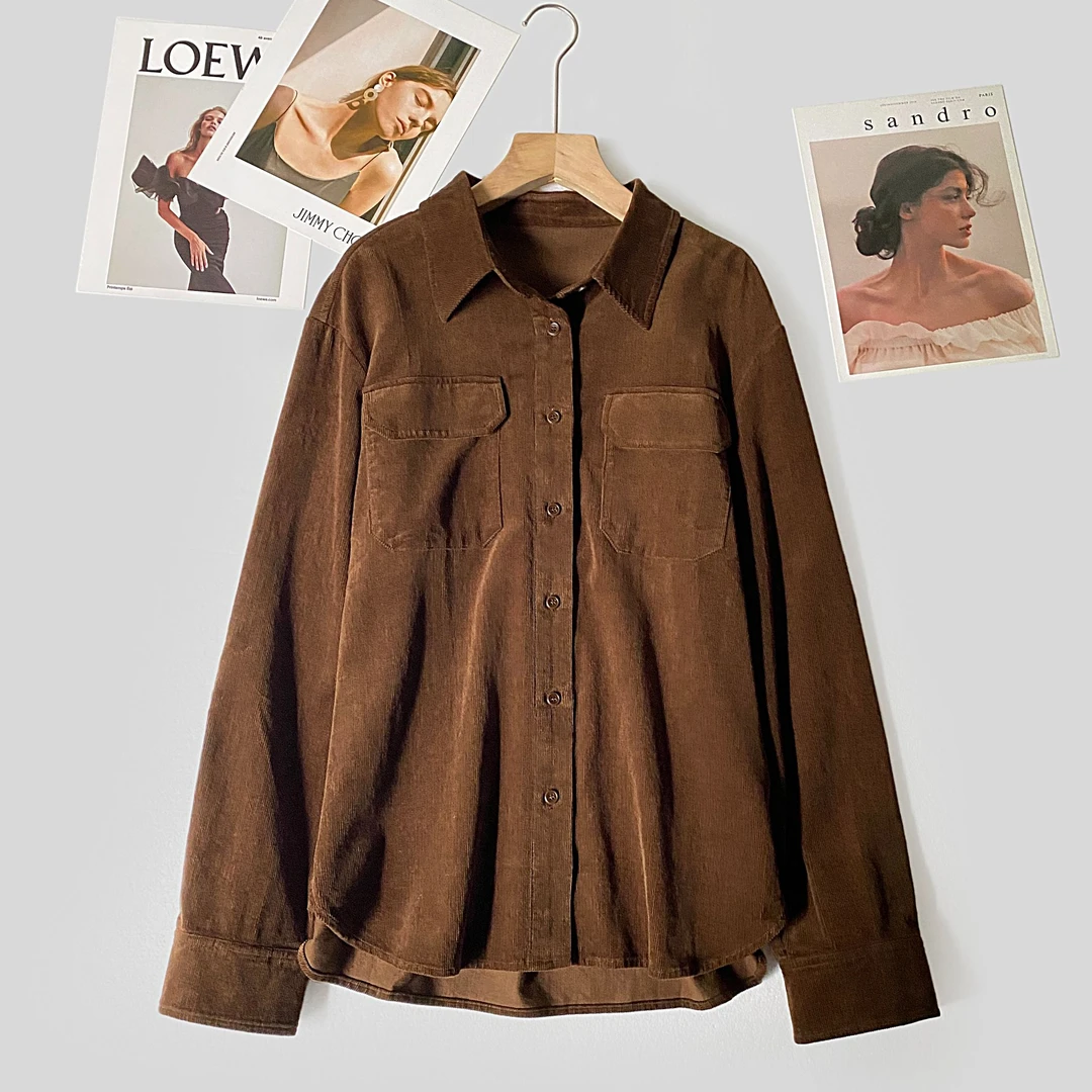 D32609灯芯绒口袋衬衫  休闲翻领衬衣