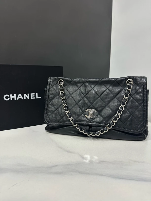 95新 Chanel/香奈儿 黑银双口袋链条包14开30cm/JJ5021002
