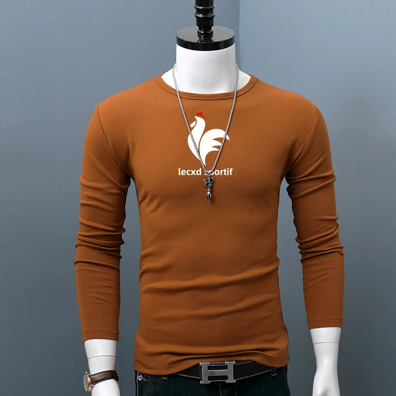 舒适圆领长袖T恤男士修身磨毛内搭打底衫秋冬秋衣保暖厚款印花潮