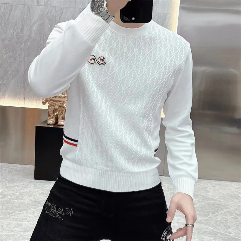 欧货轻奢圆领毛衣男士潮流针织提花休闲针织衫秋冬新款长袖打底衫