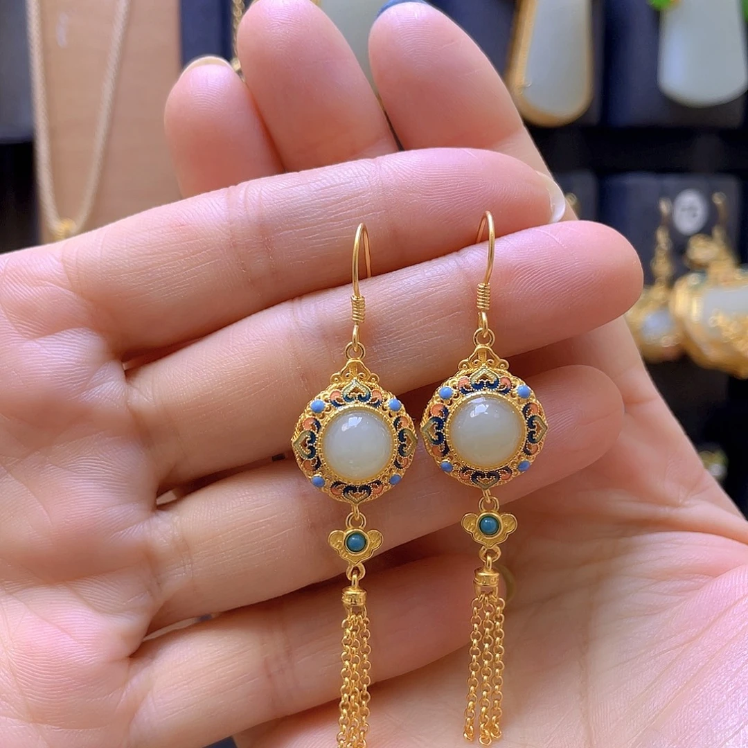 和田玉银S925镀金镶嵌耳饰