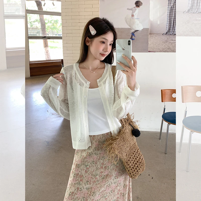 白色圆领开衫镂空设计感针织短袖T恤女2025夏季新款纽扣宽松上衣