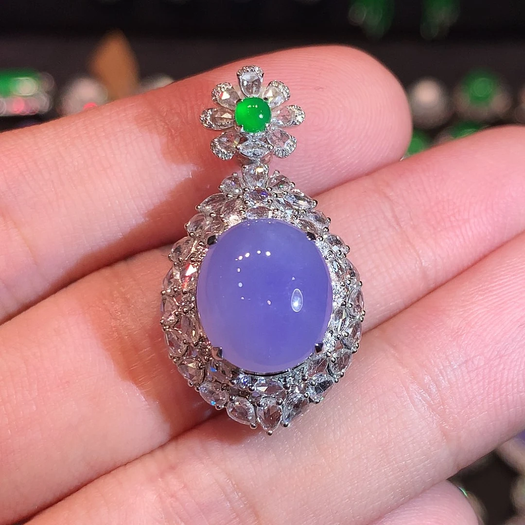 翡翠18K金镶嵌吊坠(赠链)高冰紫罗兰蛋面吊坠