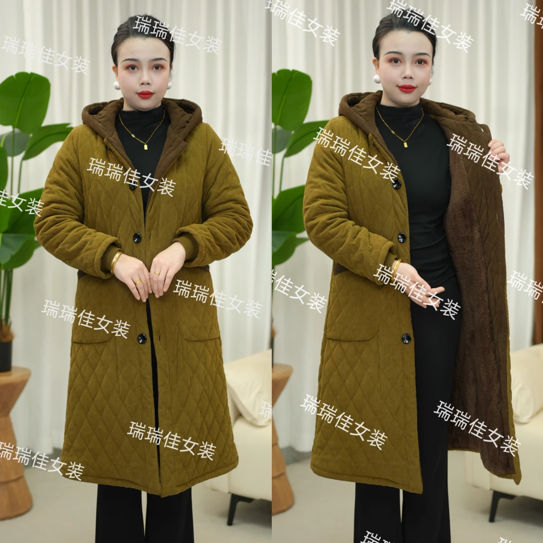 冬季新款连帽加绒加厚棉服外套时尚保暖中年外穿防风袖棉衣棉服女