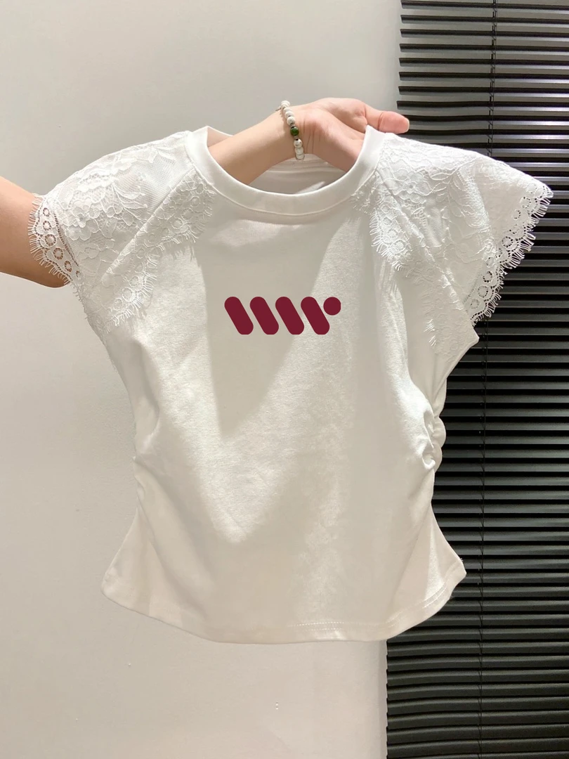 爆款甜美白色收腰显瘦夏季新款小飞袖上衣蕾丝拼接圆领短袖t恤女