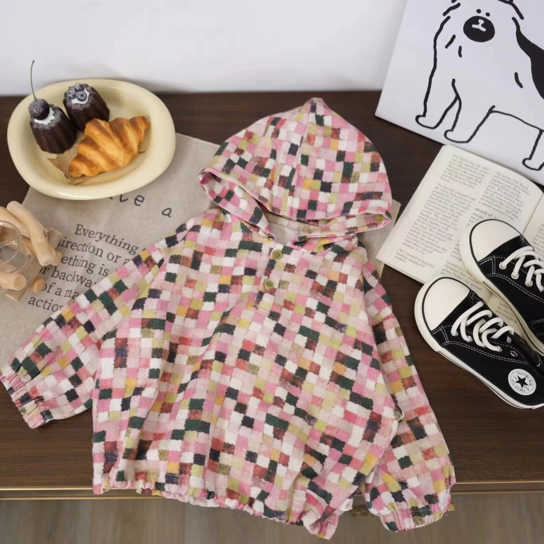 儿童春秋韩版时尚彩色格子帽衫H1351