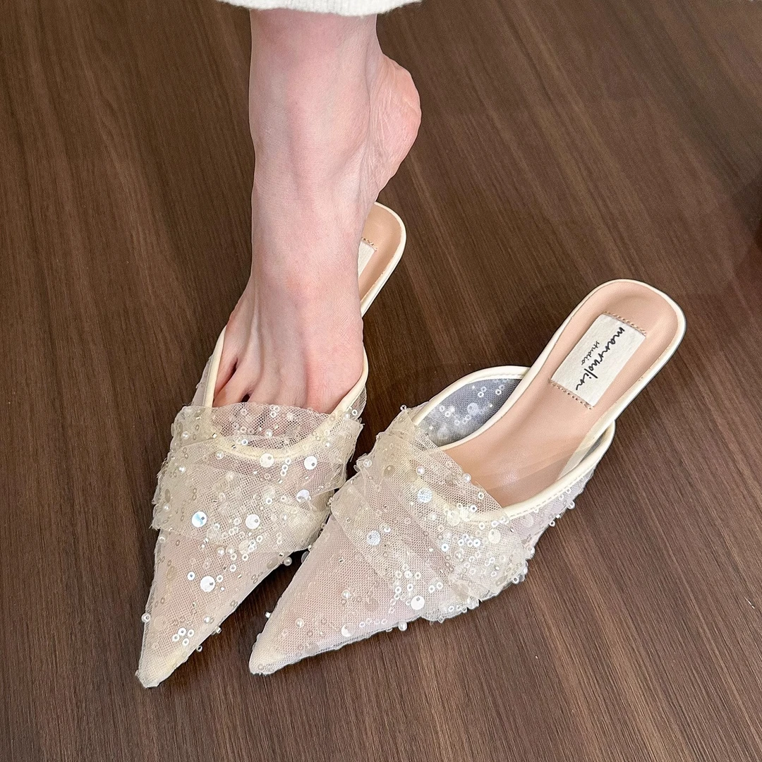 美爆了！金雾粉色网纱半拖鞋女时尚百搭春夏外穿亮片尖头鞋子