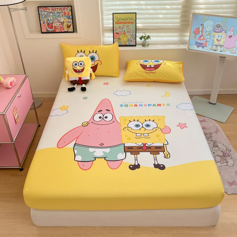 海绵宝宝全棉床笠单件床套防尘罩纯棉卡通女孩儿童床垫保护套件套