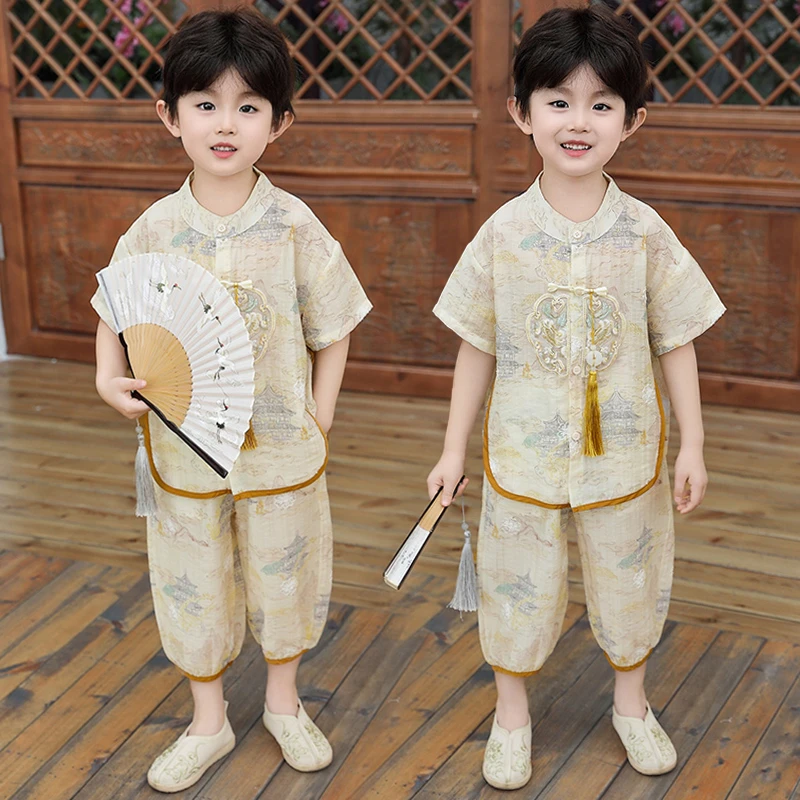 儿童汉服夏款周岁礼服男宝唐装小男孩新中式国风套装男童短袖夏装