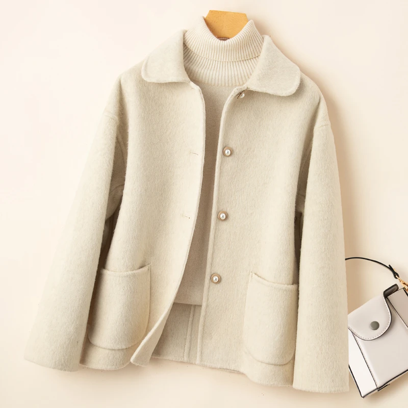 断码清仓双面呢大衣女短款小香风娃娃领时尚百搭小个子毛呢外套