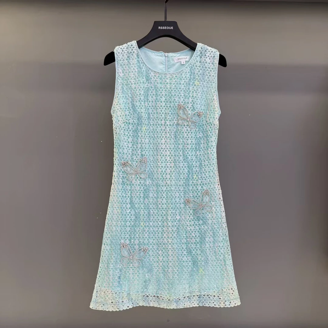 2025夏季新款设计感绿色系网格花朵圆领无袖连衣裙气质时尚L9601