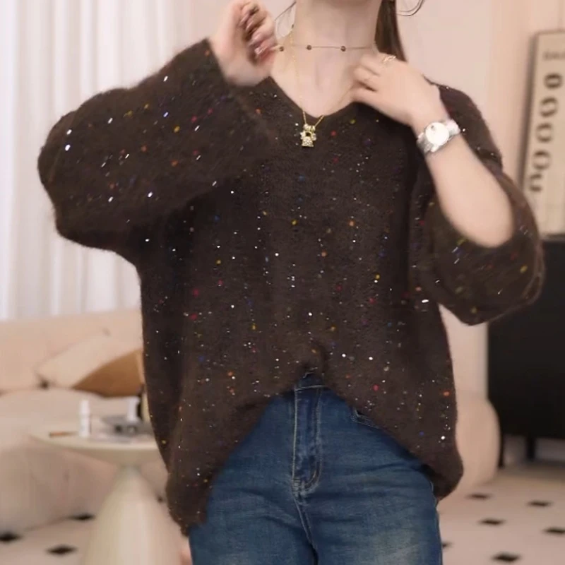 秋季新款彩色球V领宽松毛衫时尚针织上衣LK2506257