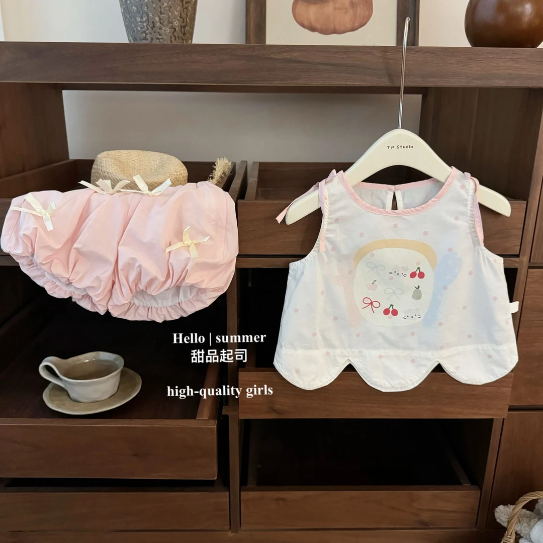 【甜品起司】奶酪小樱桃！女宝宝可爱蝴蝶结卡通背心花苞短裤套装