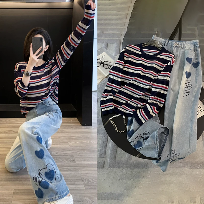 时尚长袖宽松条纹针织衫套装春夏季显瘦休闲直筒牛仔裤两件套百搭