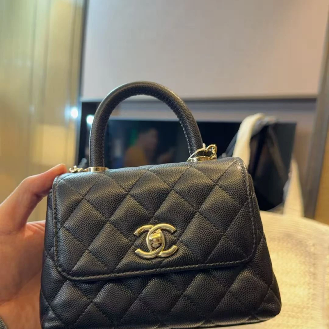 99新 Chanel/香奈儿 黑金荔枝牛手柄cocohandle nano 单肩斜挎包
