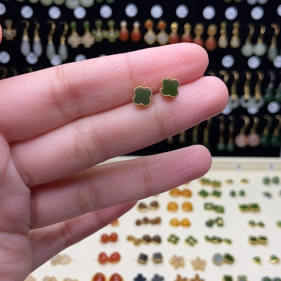 和田玉银S925镶嵌耳饰