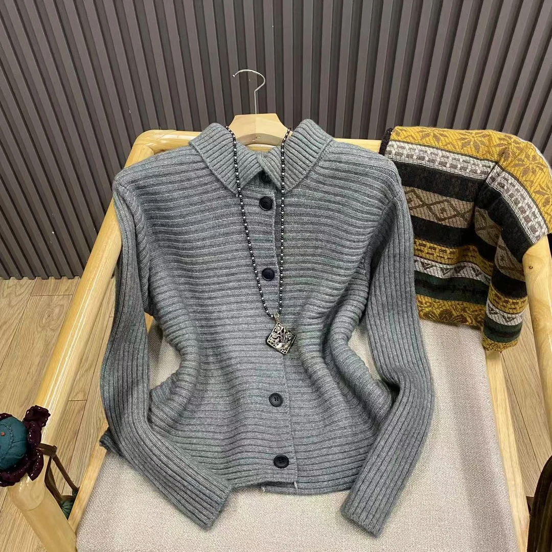 秋冬翻领横坑条针织开衫宽松立领纯色羊毛混纺内搭毛衣女Z9920