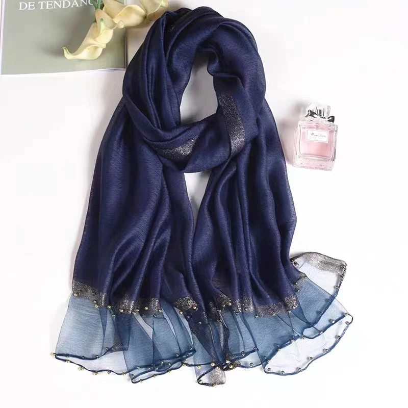 纯色钉珠 藏青色 微瑕 桑蚕丝长款刺绣丝巾旗袍外搭羊毛披肩韩版