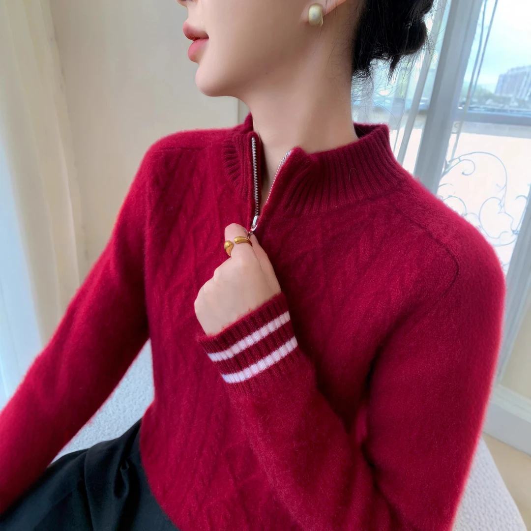 山羊绒半拉链立领红小众加厚针织打底衫女纯色羊毛长袖复古毛衣