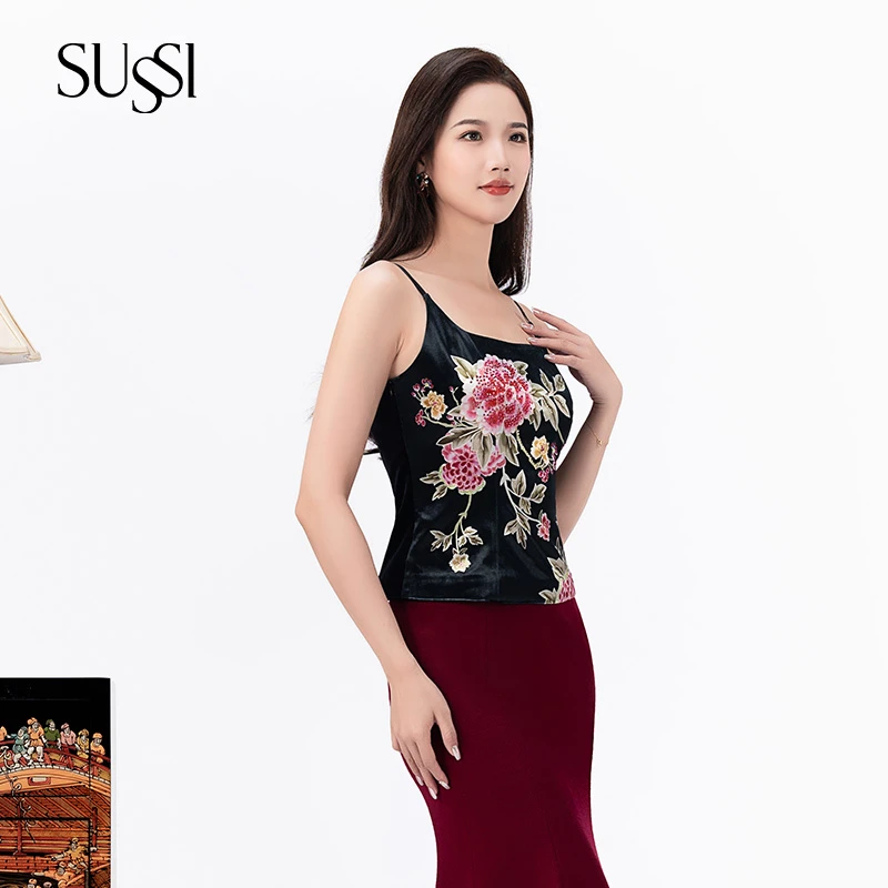 SUSSI/古色商场同款黑色印花吊带百搭外穿无袖时尚背心女