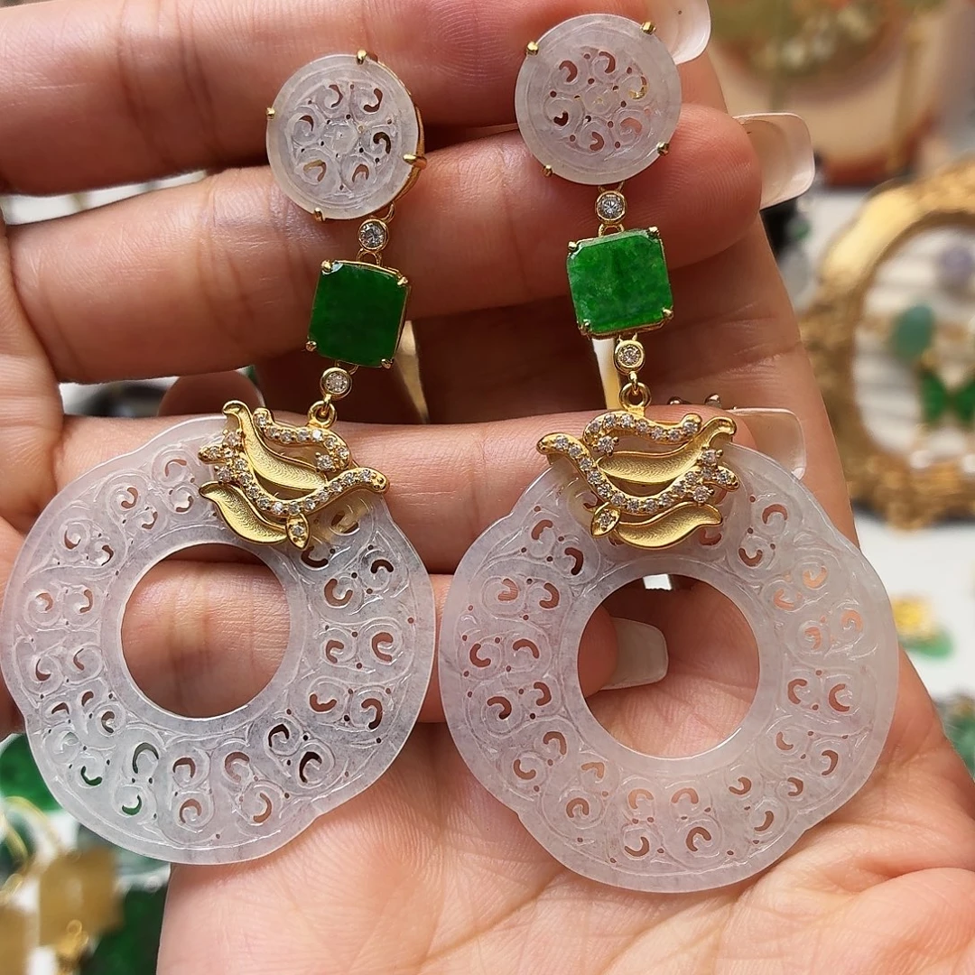子***l翡翠银S925镀金镶嵌耳饰缅料