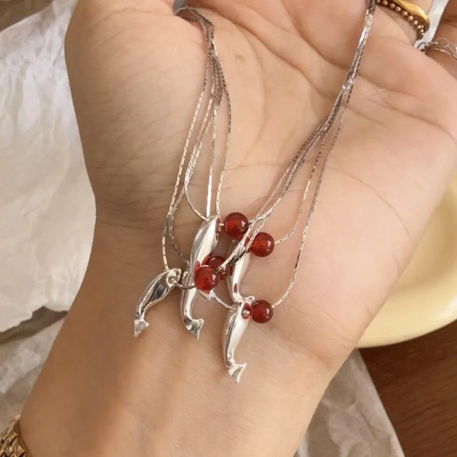 925银银制品 S925上岸锦鲤红脑项链