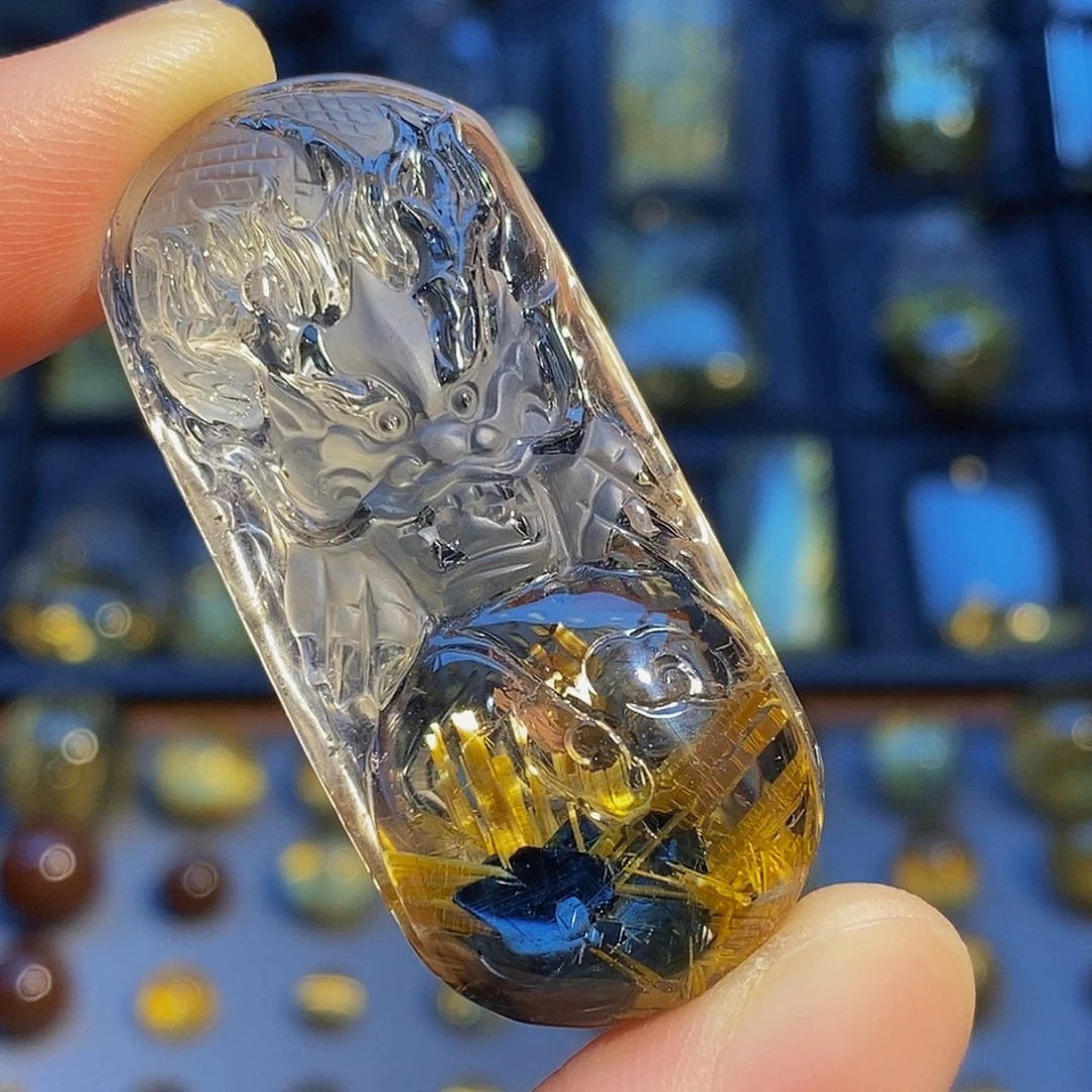 未镶嵌水晶颈饰天然钛晶花聚宝盆龙牌吊坠