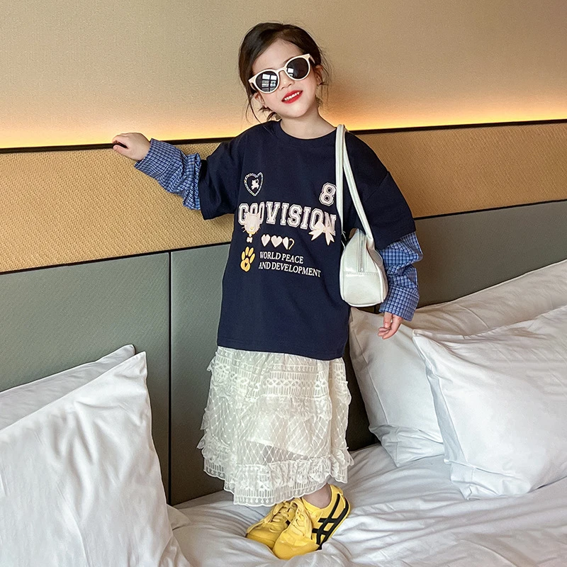R25044女童假两件格子拼接字母上衣春季新款蕾丝花边蛋糕半身裙