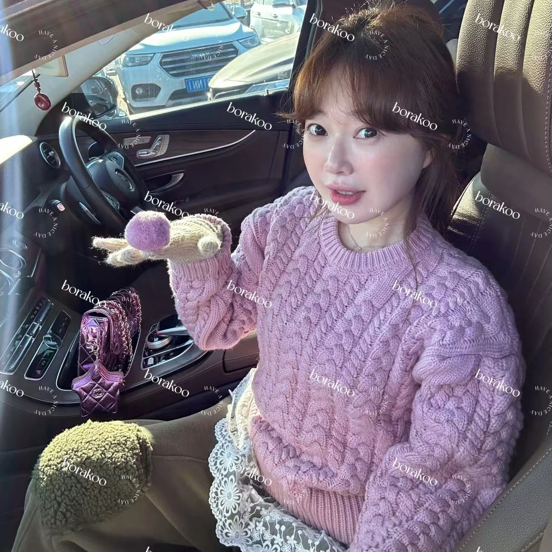 【BORAKOO】【现货】粉色麻花小泡泡袖韩版圆领毛衣