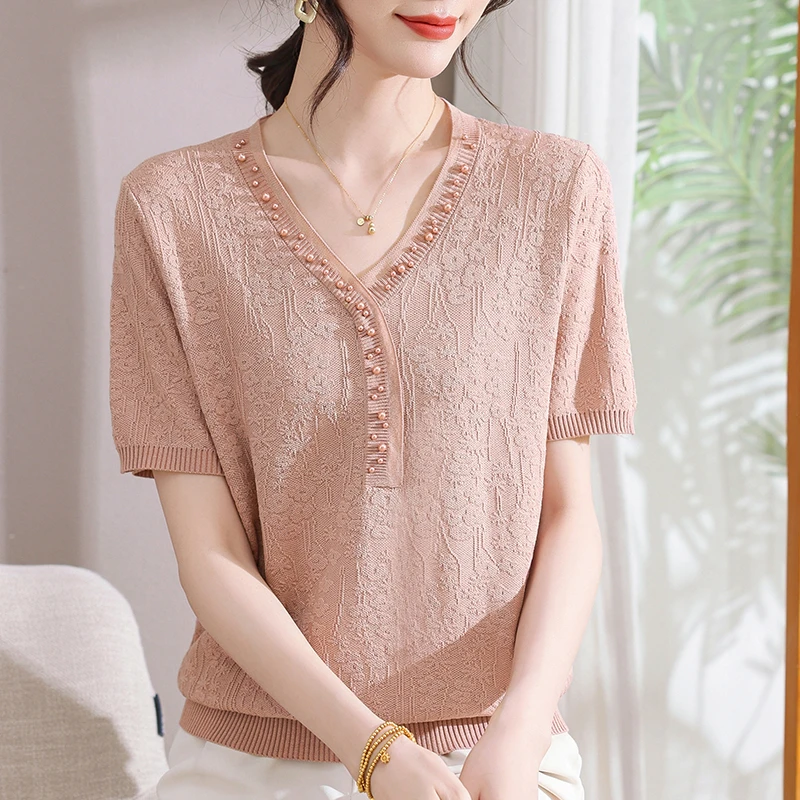 妈妈装洋气V领冰丝针织T恤花边中老年女装打底衫针织衫夏季薄款