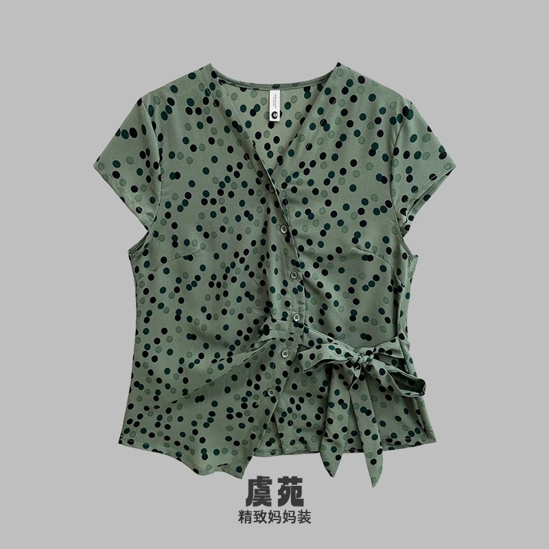 洋气休闲百搭女士减龄妈妈装衬衫夏季V领波点短袖修身细带上衣女