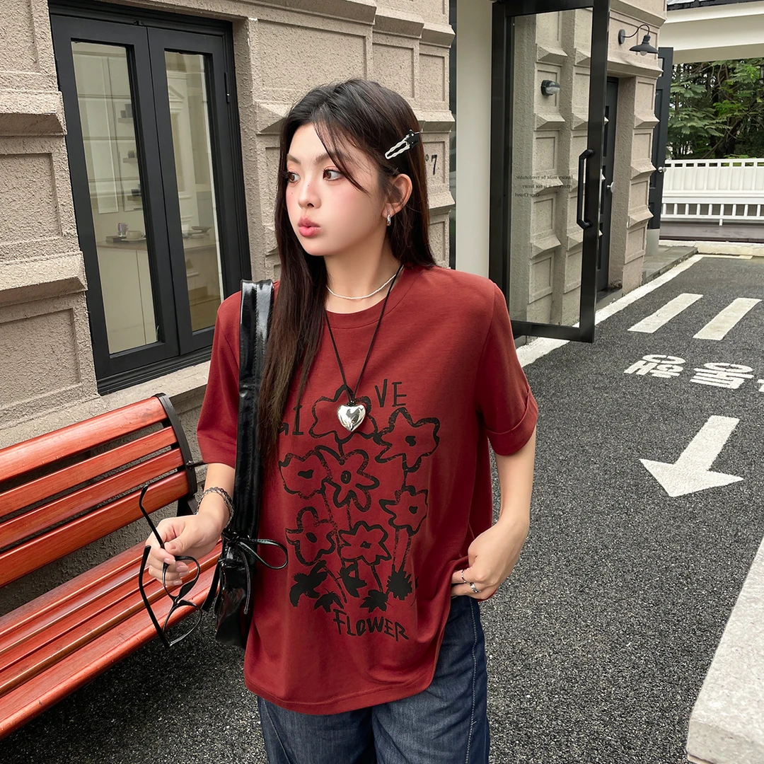 BUMENYLEE大码女装美式复古印花T恤正肩圆领显瘦休闲百搭上衣