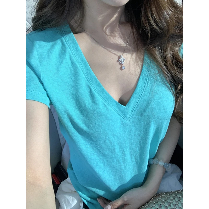 巨显白！！凉爽雪花棉t恤女短袖夏季修身v领正肩上衣轻薄纸片人小衫
