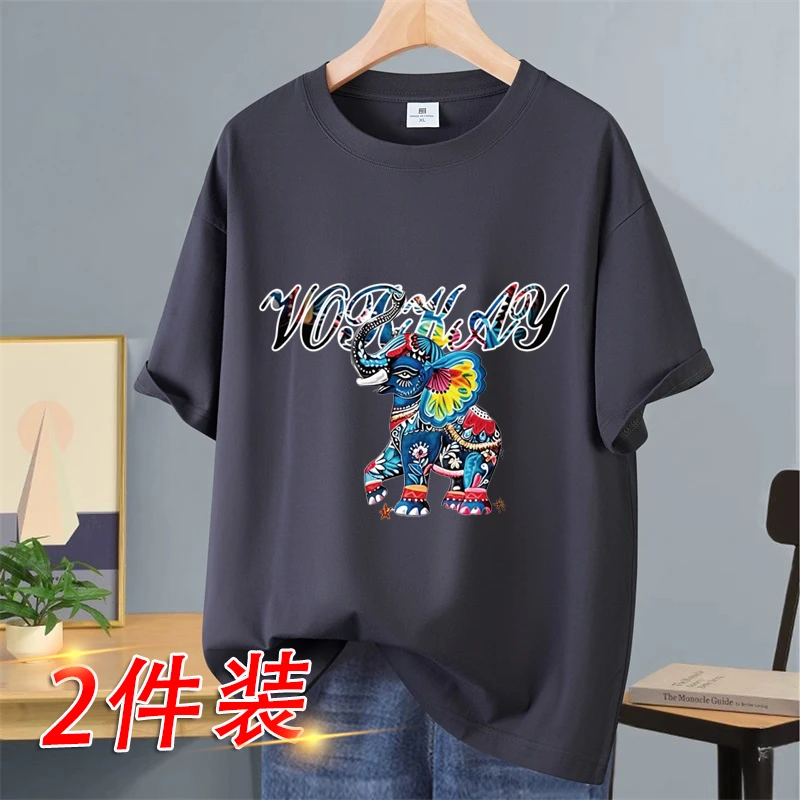 【彩象】100%新疆棉 印花短袖 纯棉百搭吸汗透气圆领半袖宽松潮流